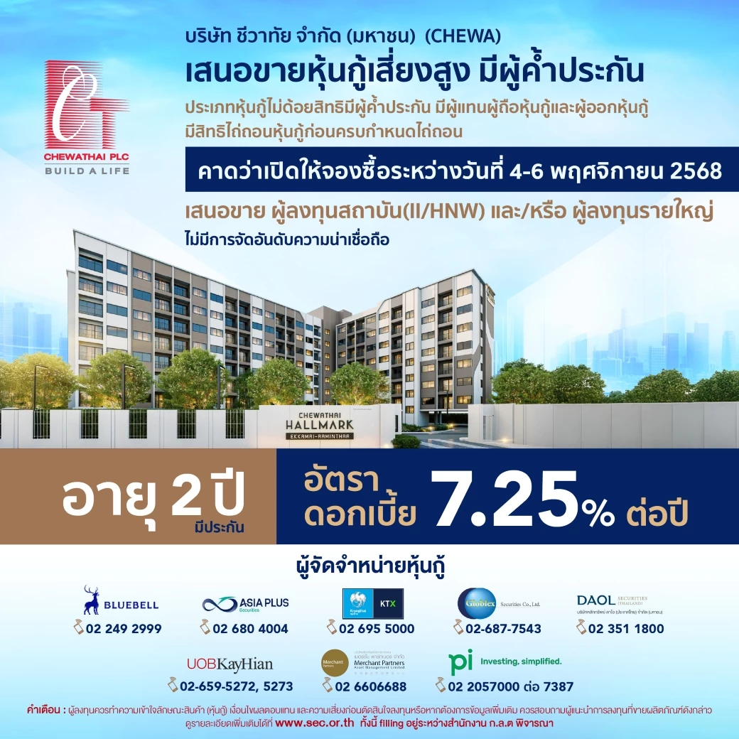 Chewathai เสนอขายหุ้นกู้มีผู้ค้ำประกัน อายุ 2 ปี เปิดให้จองซื้อระหว่างวันที่ 4 – 6 พฤศจิกายน 2568